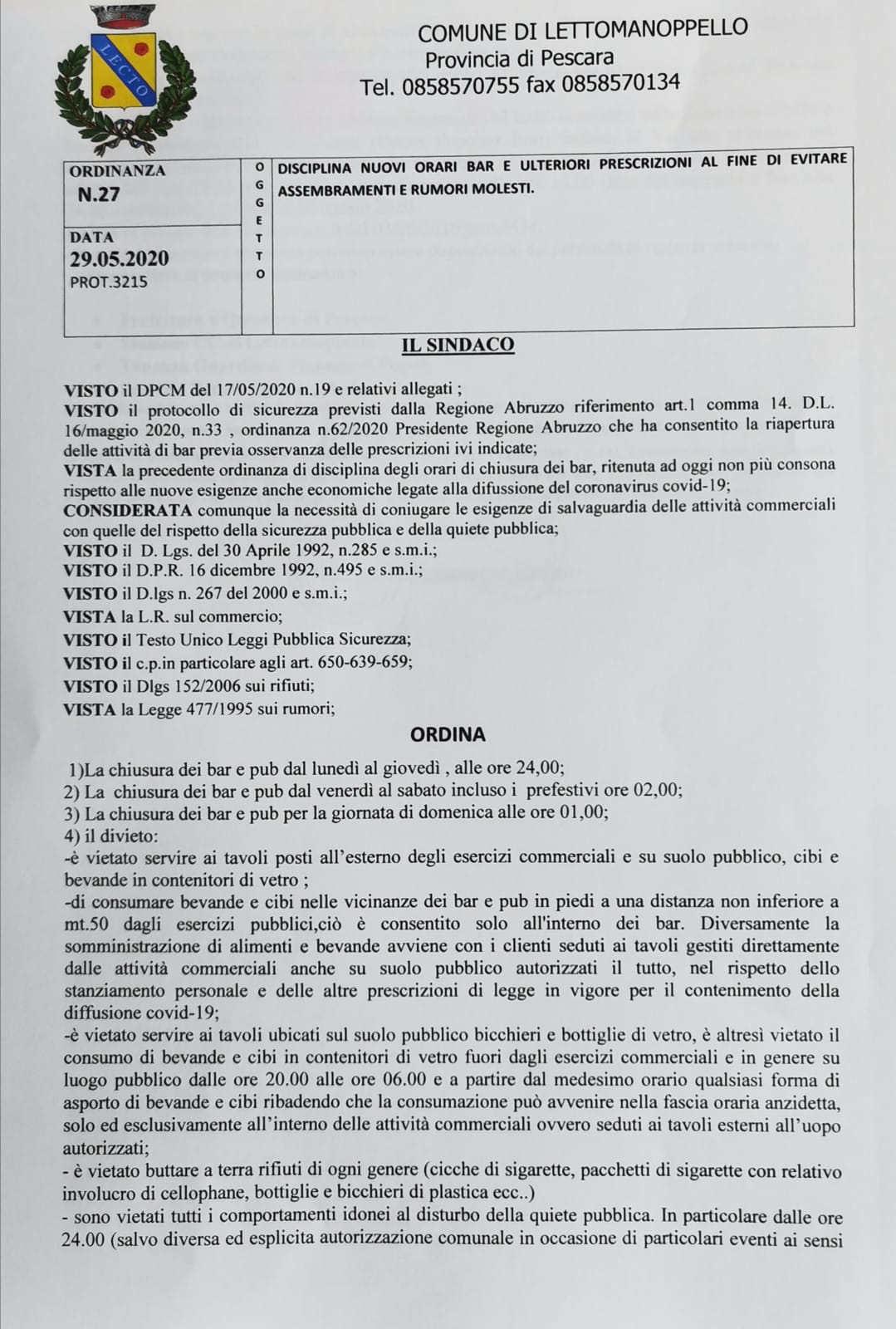 Ordinanza Sindacale Disciplina Nuovi Orari Bar e Ulteriori ...